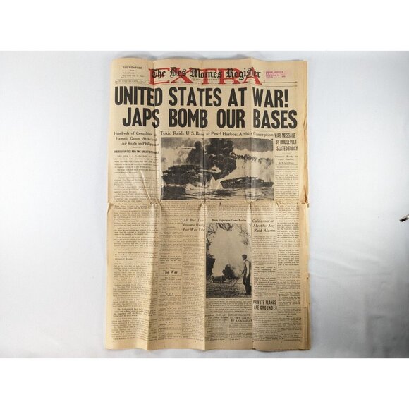 ORIGINAL! WWII Dec 8, 1941 newspaper Japan attacks Pearl Harbor, US DECLARE WAR! - Picture 2 of 16